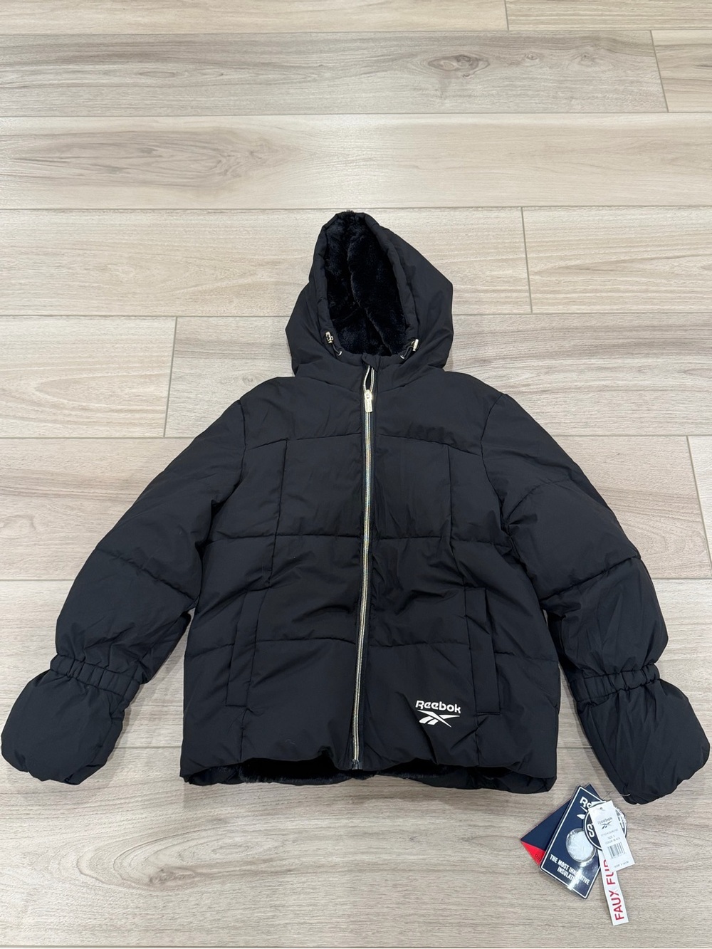 Reebok Women S Puffer Coat Minky Fx Fur Lined Hooded NWT Black Gold Winter $160